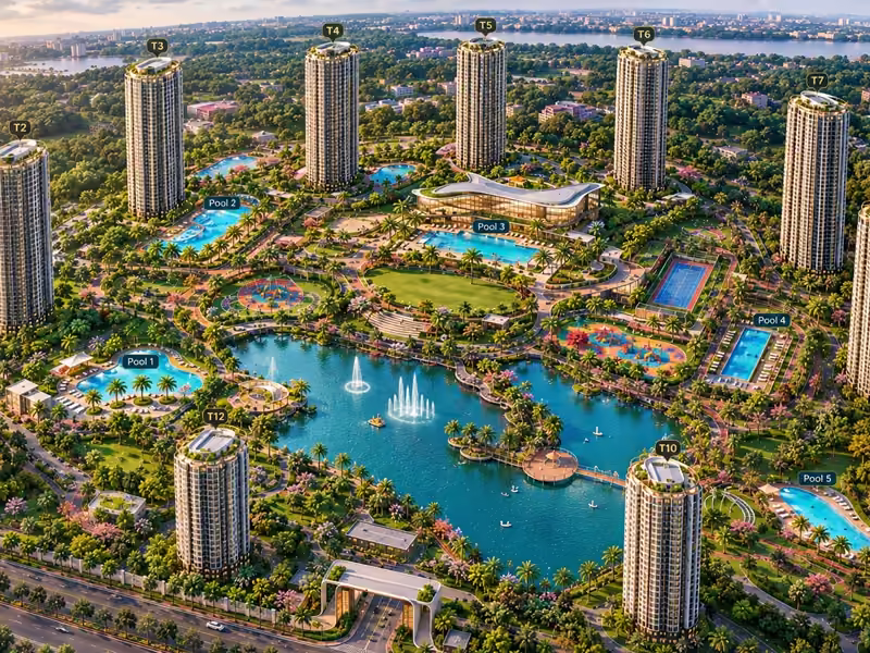 Aerial artistic impression of the project with 12 towers around the central water body