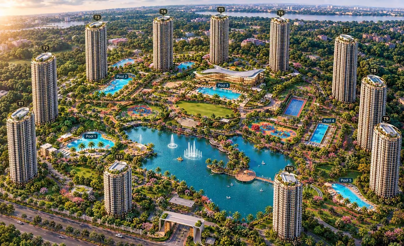 Aerial artistic impression of the project layout showing towers T1 to T12, pools and the central water body