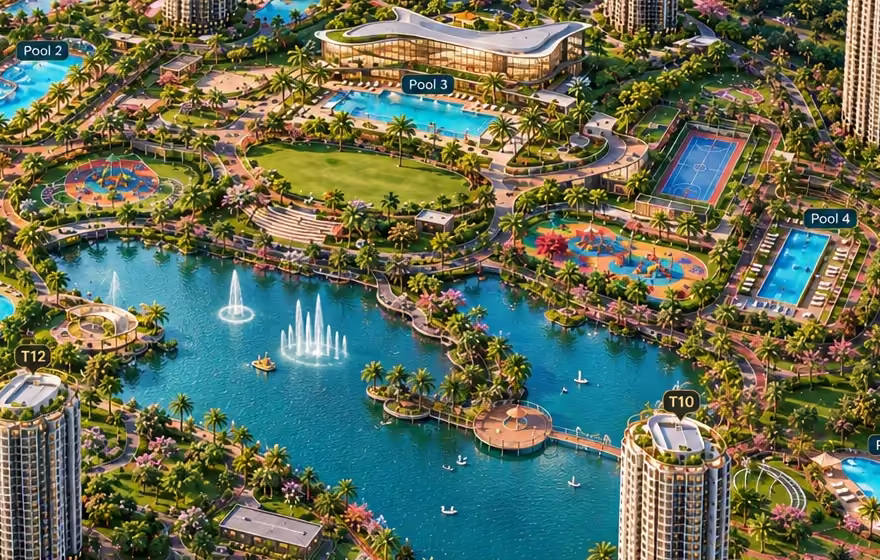Artistic impression of the central water body, podium greens and club